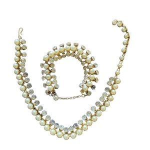 Pearls And Rhinestones Gold Vintage Choker Necklace And Bracelet